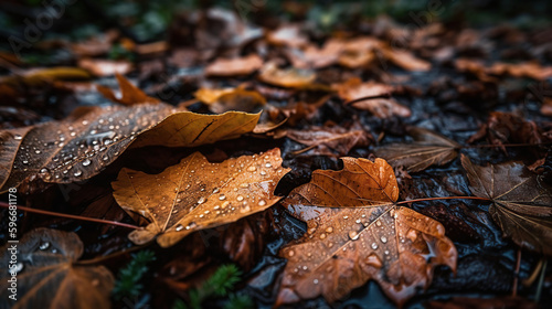 Close up of fallen leaves on ground in autumn covered in raindrops, generative ai