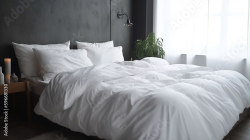 Comfortable bed with soft white mattress, blanket and pillows indoors, generative ai