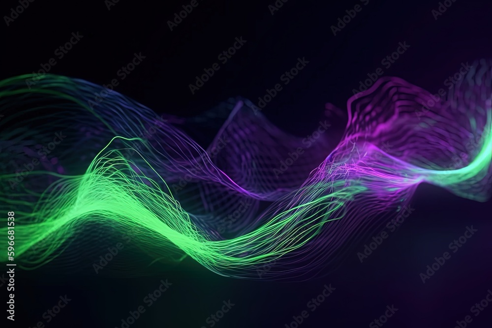 abstract futuristic background with green purple glowing neon moving high speed wave lines and bokeh lights. Data transfer concept Fantastic wallpaper, Ai Generative