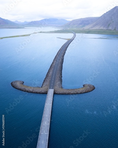 Drone Aerial of Kolgrafafjordur Sword Highway in Iceland. High quality photo. Sword highway bridge across the fjords of Iceland. photo