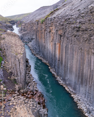 Aerial Studlagil Canyon in the Icelandic Highlands from a drone. High quality photo. Basalt Columns