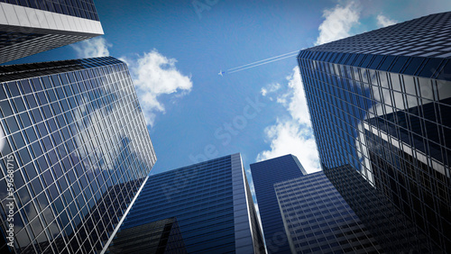 Fototapeta Naklejka Na Ścianę i Meble -  3d illustration. perspective, the skyscraper is directed to the sky. blue gradient. building design