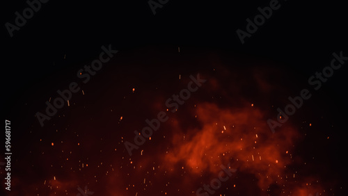 3D illustration Burning embers glowing. Fire Glowing Particles on Black Background