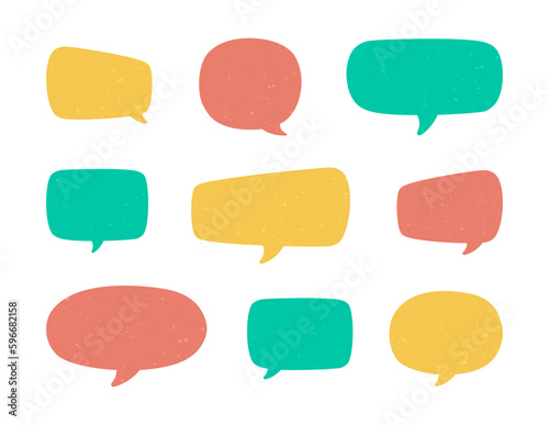 Set of vintage speech bubbles. Grunge texture text box frame, retro chat box, message box conversation template vector illustration design.