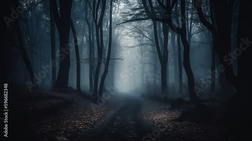 Fog In Spooky Forest At Moon Light On Asphalt - Abstract Bokeh And Filter Toned