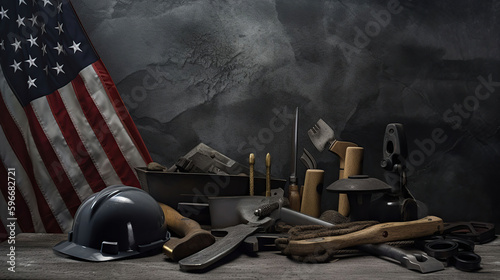 Happy Labor day concept. American flag with different construction tools on dark stone background, generative ai