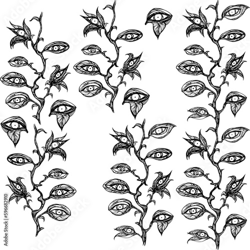 Abstract monochrome braided liana with leaves-eyes. Vector vintage black and white illustration. Set of braided lianas with leaves-eyes