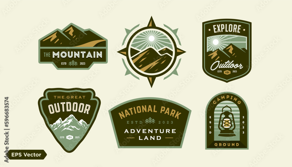 Outdoor badge logo collection. mountain adventure hipster badges. Set of Vintage Outdoor mountains Logo Patches. vector emblem designs. Great for shirts, stamps, stickers logos and labels.
