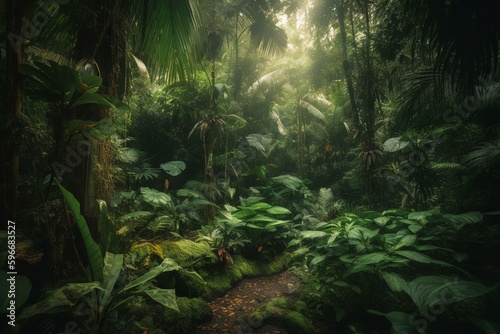 Lush  dense  tropical forest with exotic flora and abundant rainfall. Generative AI