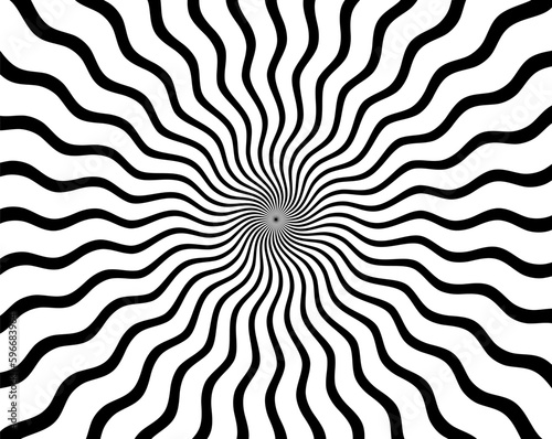 Black and white hypnotic spiral wave rays background. Psychedelic sunburst retro design...