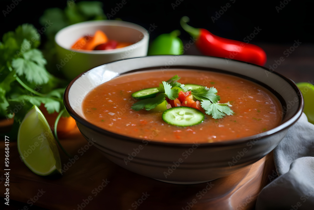 Gazpacho, a cold Spanish soup made with ripe tomatoes, cucumbers, peppers, and garlic