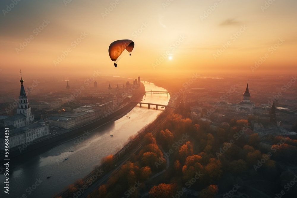 Sunrise paragliding over Moscow's Kremlin. Generative AI