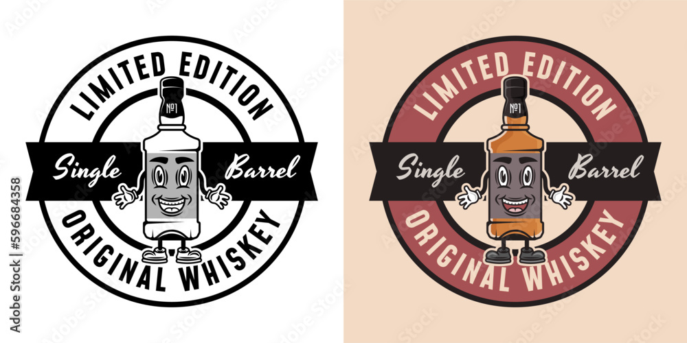 Obraz premium Whiskey smiling bottle vector emblem, badge, label or logo. Two styles monochrome and colored with removable textures