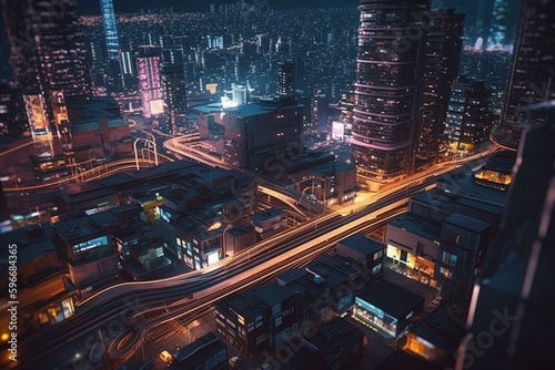 A high-tech metropolis with glowing transport  made with modern techniques. Generative AI