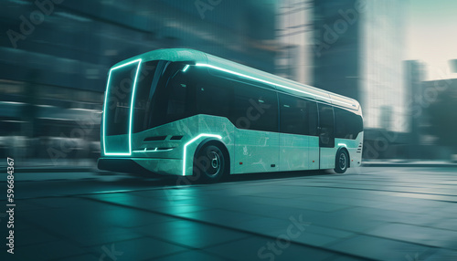 Futuristic electric passenger city bus driving through modern town. Generative AI. © leestat