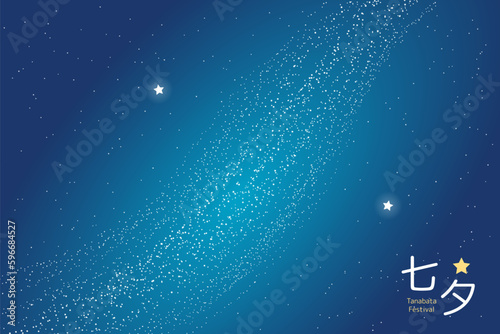 Tanabata Festival night sky with Milky Way, stars Vega, Altair, Japanese text Tanabata, Chinese Qixi. Hand drawn vector illustration. Flat style design. Traditional holiday banner, background concept