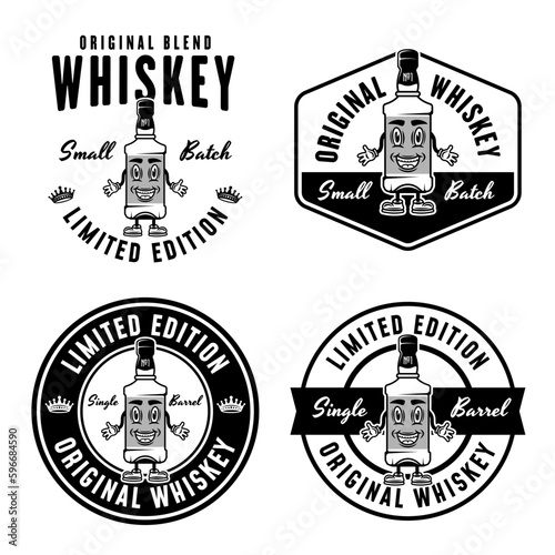 Whiskey smiling bottle set of vector monochrome emblems, badges, labels or logos isolated on white background