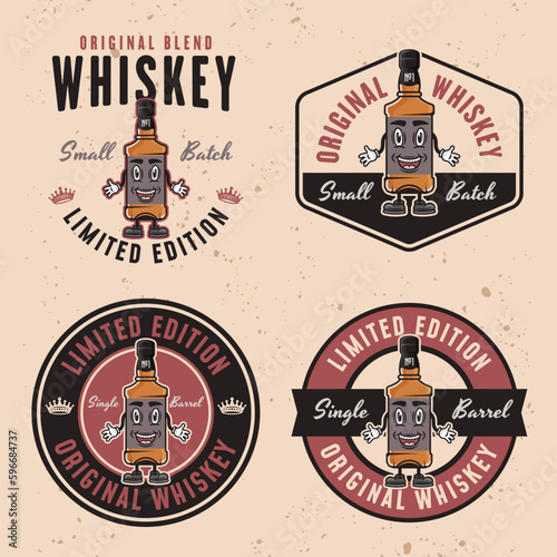 Whiskey smiling bottle set of vector colored emblems, badges, labels or logos on light background