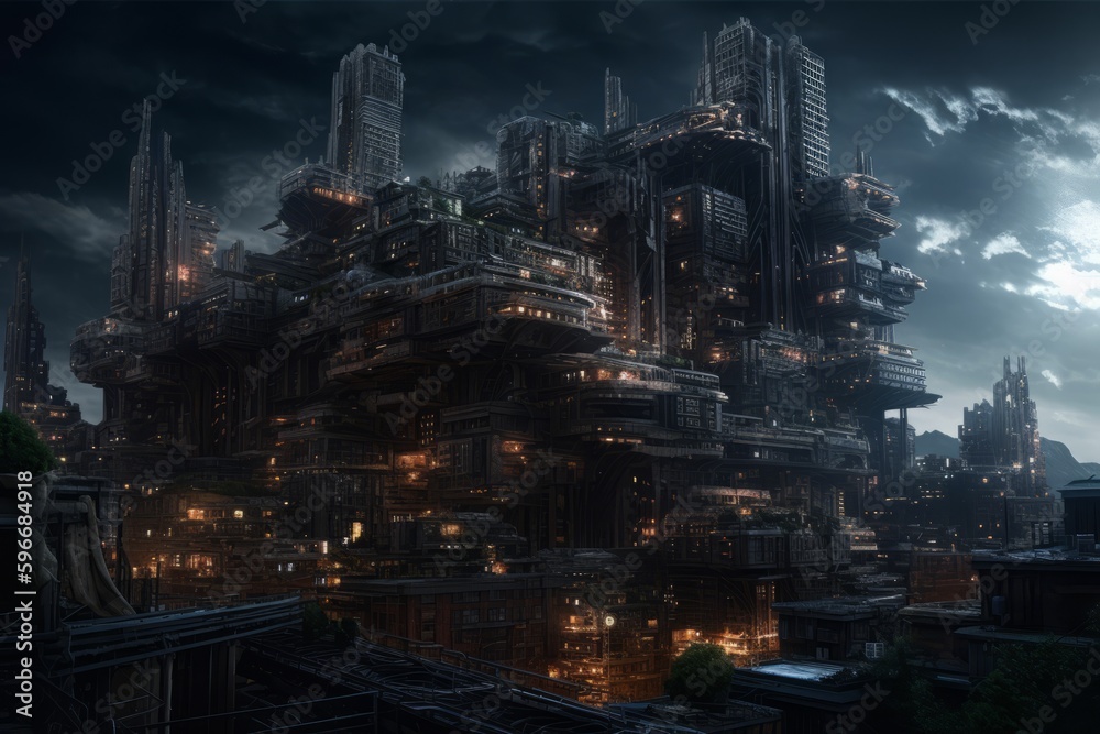 Obraz premium A Haunting Glimpse into a Cosmic Dystopian City, Generative AI
