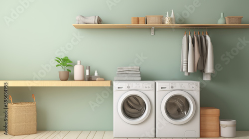 Laundry room interior with washing machine near wall. Generative AI © Konstantin Yuganov
