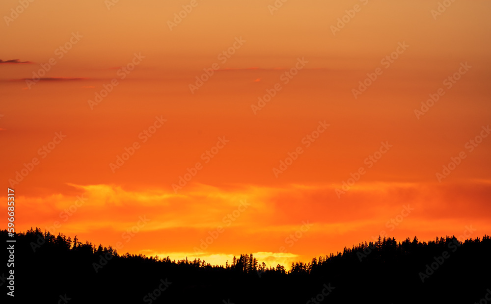 Bright Orange Sky Glows Over Silhouetted Forest Ridge