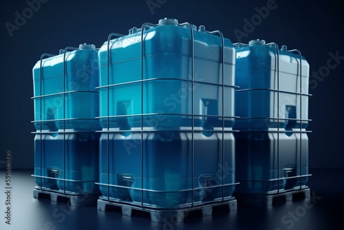 3D rendered blue ibc containers for liquid stacked against a white background. Generative AI photo