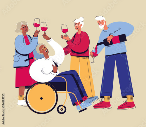 Multiethnic old people drinking wine, speaking. Senior friends talking, Elderly men, women.