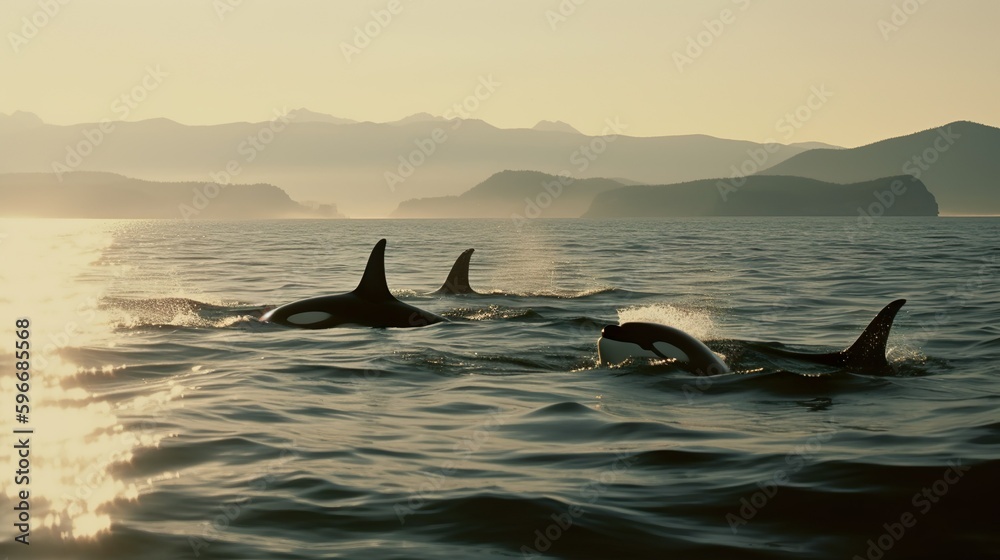 Fototapeta premium Orkas vor der Küste Vancouver Islands in der goldenen Stunde bei Jagen, generative AI