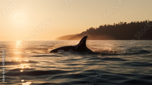 Orkas vor der Küste Vancouver Islands in der goldenen Stunde bei Jagen, generative AI © Sönke Hayen