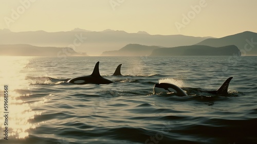 Orkas vor der Küste Vancouver Islands in der goldenen Stunde bei Jagen, generative AI