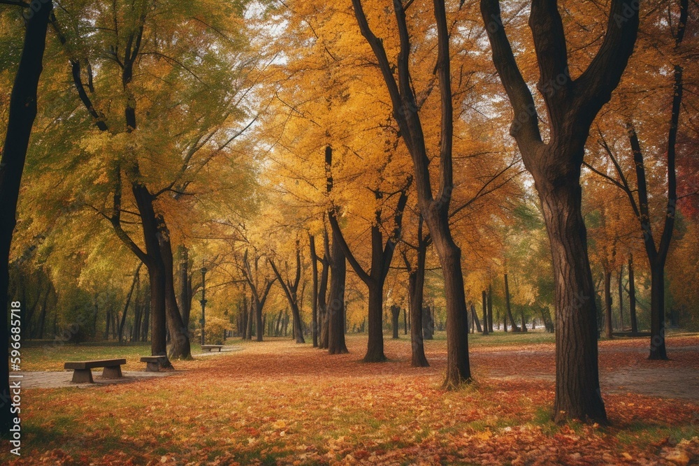 Park's trees in fall season. Generative AI