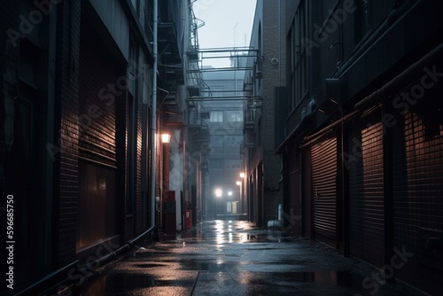 A gloomy industrial alleyway below clouded skies with a 3D created atmosphere. Generative AI