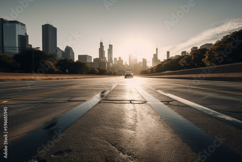 Modern  empty asphalt road in Chicago with surrounding cityscape  symbolizing success  logistics  and fast delivery. Generative AI