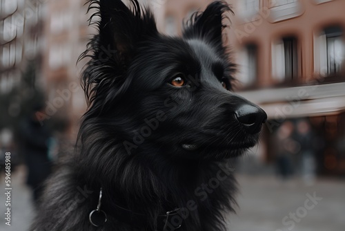 Portrait photo of a dog in the city.  Generative AI.