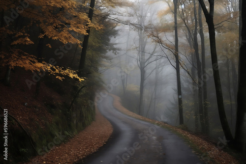 Foggy road in the forest. AI Generated