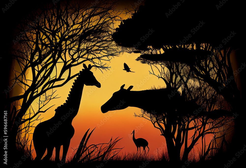 Animal and Landscape Silhouette Background Illustration, red, yellow, orange, black, created with Generative AI technology