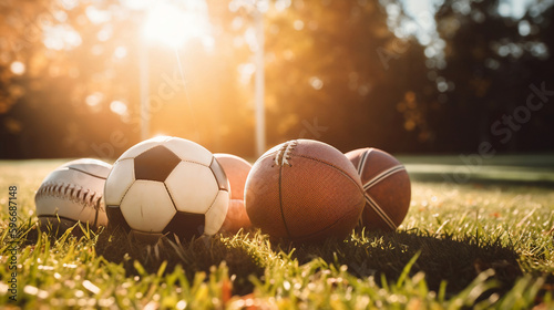 meadow  in Summer with Various Sports Balls