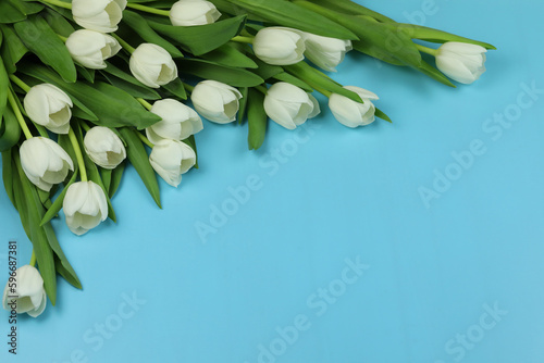 Beautiful bouquet of white tulip flowers with card on blue background, space for text