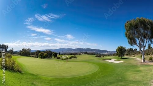  Golf course panorama with a stunning view of the fairway and surrounding nature, generative ai