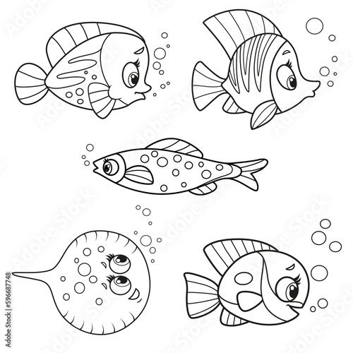 Cute cartoon five exotic sea fishes outlined for coloring page isolated on white background