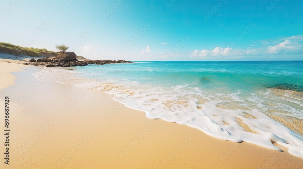  Serene beach scene with crystal clear water and golden sand, generative ai
