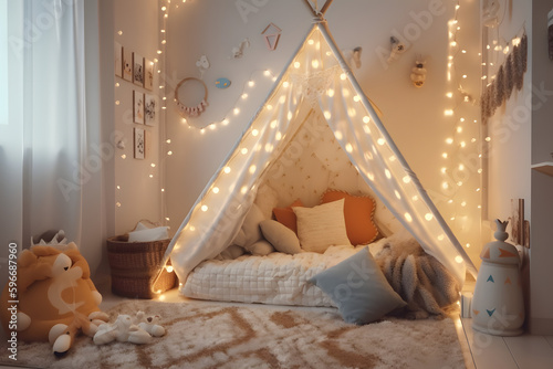 Kids bedroom in brigth colors. Cozy kids room interior, scandinavian nordic design with light garlands and soft pillows, tent canopy bed. Children room in evening with lights on © Kenneth