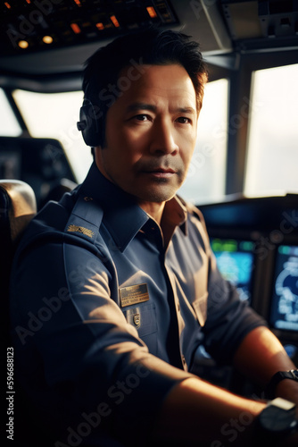 Portrait Asian pilot, 45, confidently navigates the skies from the cockpit, skilled hands guiding the commercial aircraft, focused eyes, and experienced demeanor. Generative AI © neo