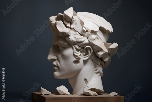 Broken ancient greek statue head falling in pieces. Broken marble sculpture, cracking bust, concept of depression, memory loss, mentality loss or illness