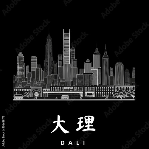 Dali / 大理: Monochrome Illustration einer Stadt in China