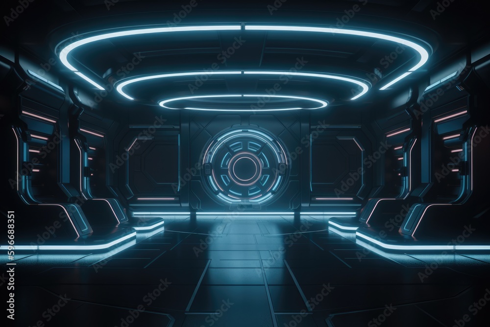 Fototapeta premium Futuristic sci-fi tunnel corridor with glowing lights. Generative Ai