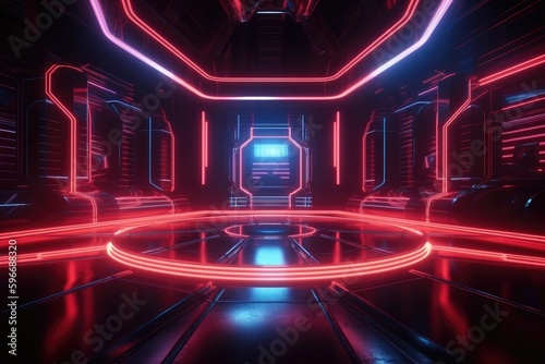 3D abstract background with red neon lights. Neon tunnel. Space construction. Generative Ai