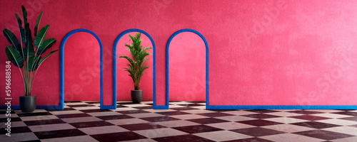 Pink empty wall in luxury home with painted concrete walls, floor tiles, arch and tropical plants. Interior design room with vibrant and bold colors. Modern minimal architecture concept.