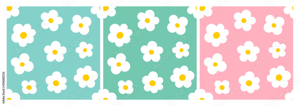 Cute white flowers pastel backgrounds pattern set.