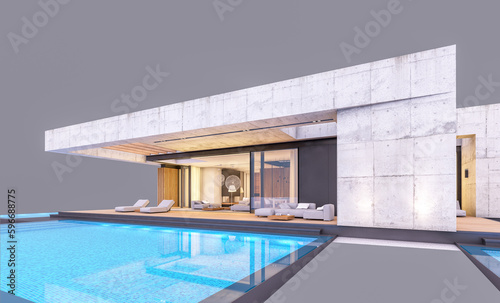 3d rendering of new concrete house in modern style with pool and parking for sale or rent only one floor in evening. Isolated on gray
